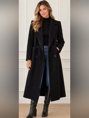 Vintage Perry Ellis Portfolio Long Black 100% Wool Double Breasted Coat Size 6